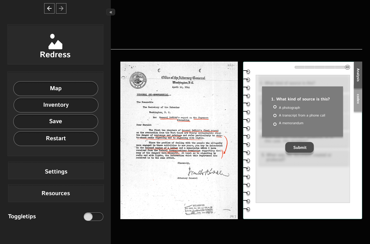 Redress wireframe showing document analysis screen with historical document on left, question overlay in center, and navigation sidebar on right
