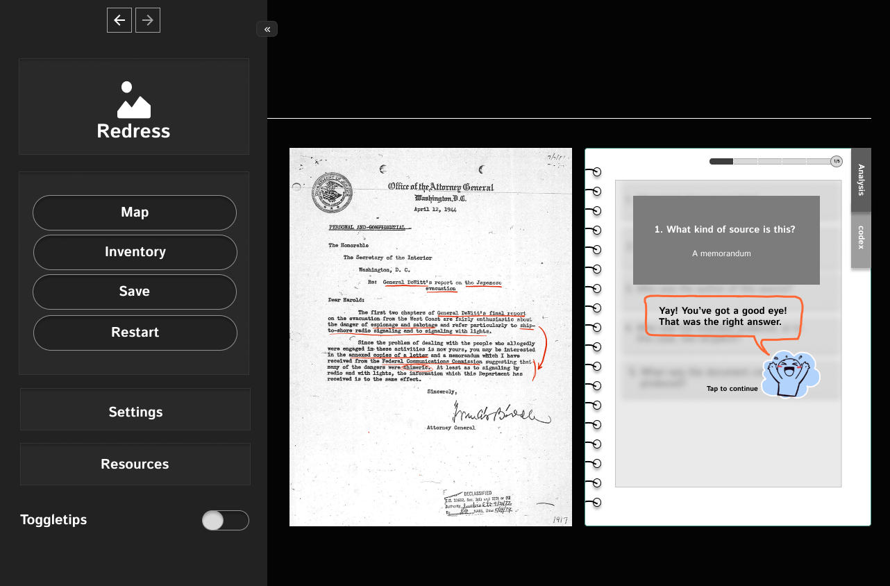 Redress wireframe showing first feedback state after answering a document analysis question