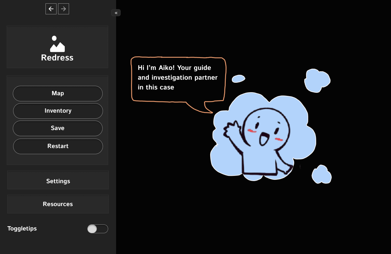 Redress wireframe showing elephant companion character introducing the document analysis task with dialogue bubble on dark background with sidebar navigation