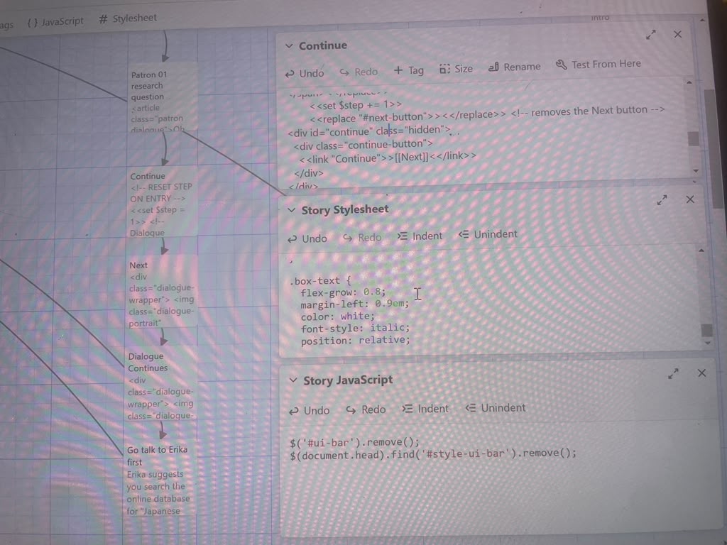 Twine editor showing Story Stylesheet with .box-text CSS class, Story JavaScript with jQuery UI bar removal, and passage code with SugarCube macros