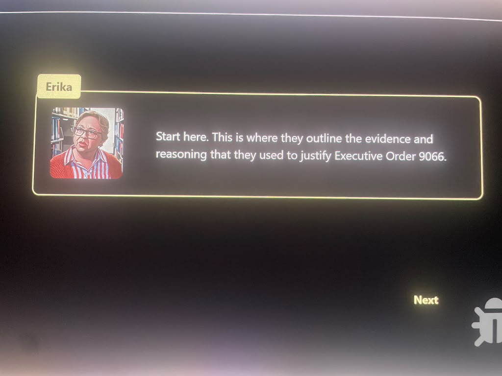 Live Twine game showing Erika's dialogue box — character portrait on left, name tab at top, dialogue text on right with Next button
