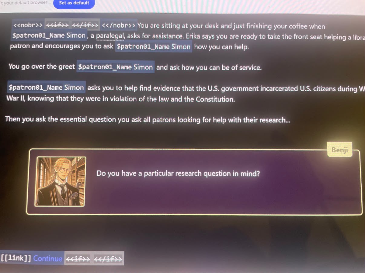 Live Twine game showing Benji's dialogue box with inline player variable $patron01_Name Simon rendered in narrative prose, demonstrating dynamic name substitution