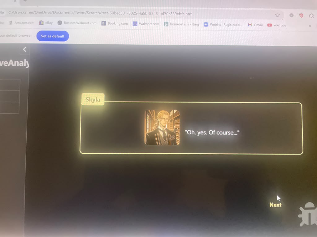 Live Twine game showing Skyla's dialogue box — different character portrait and name tag, demonstrating the character switching system